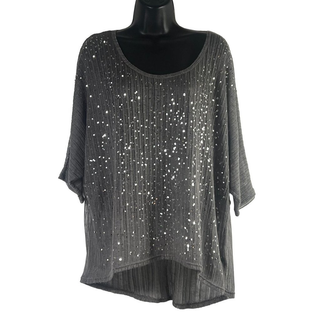 DOLLED Up by FANG Women's Part Sheer Gray 3/4 sleeve top size 1XL sequined